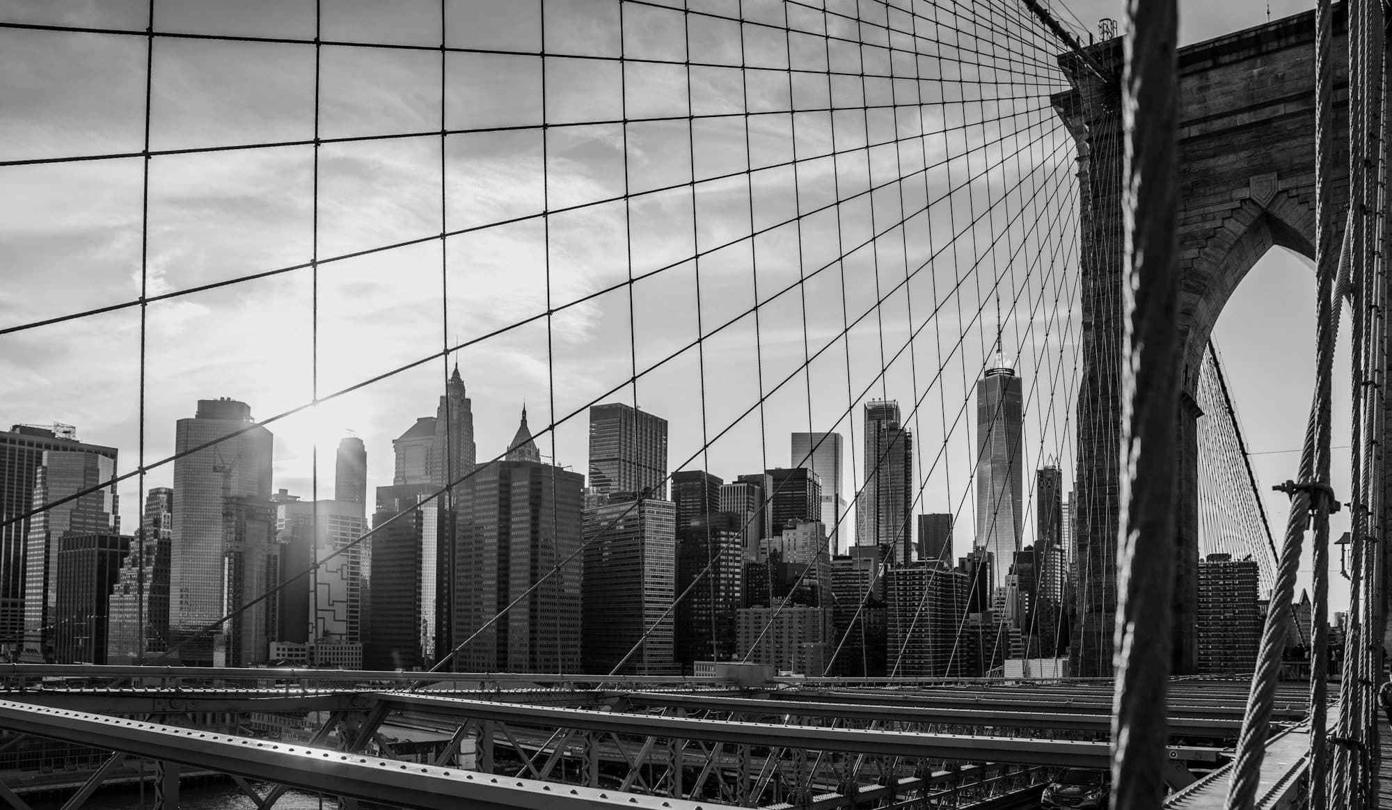 Lower Manhattan framed by Brooklyn Bridge cables